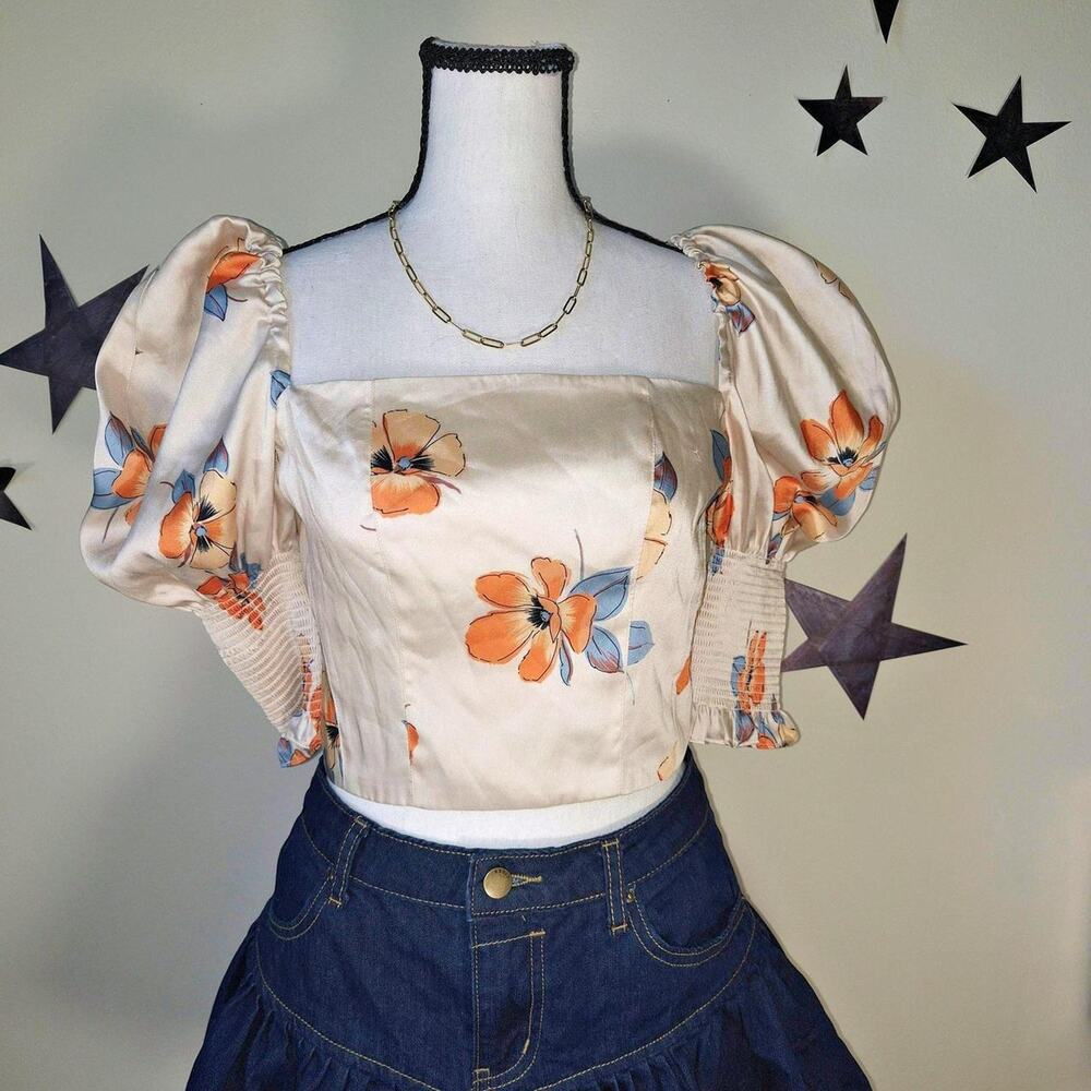 Nicholas Womens Floral Puff Sleeve Bustier Top S Romantic Fairy Coquette Cottage